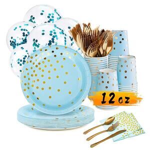 Blue and Gold Party Supplies Set, 168 pcs Disposable Dinnerware- NO SPOONS